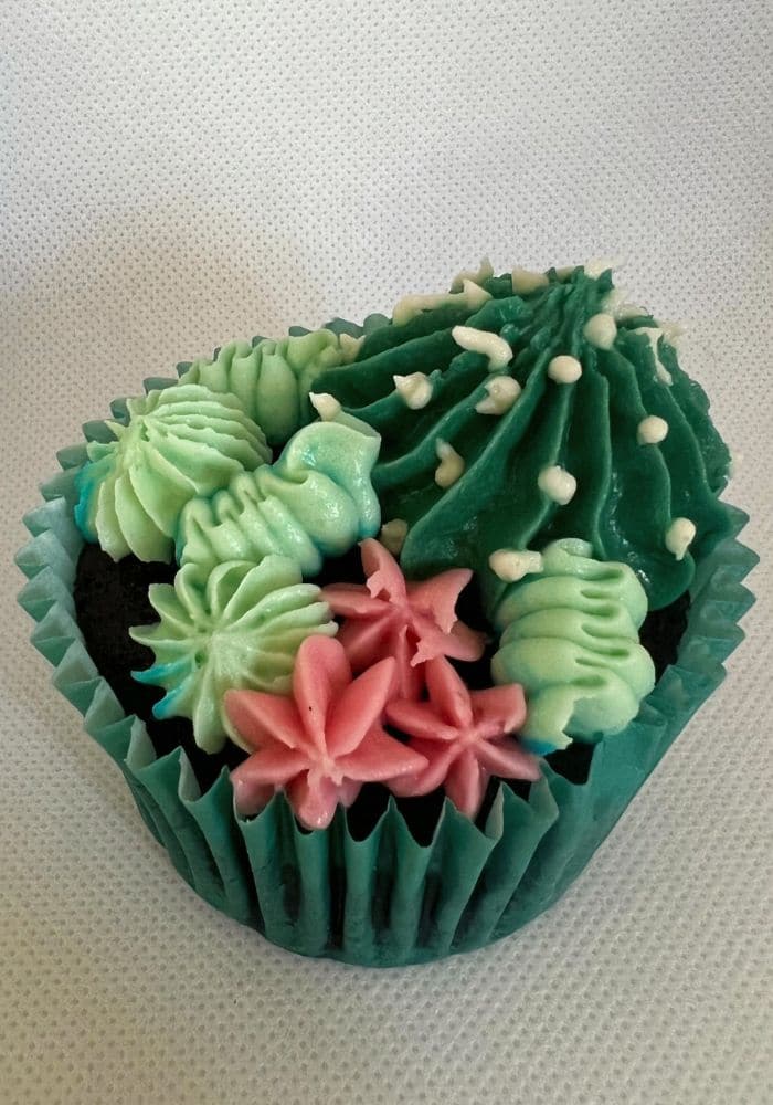 Cupcake piped with green cacti and small pink flowers